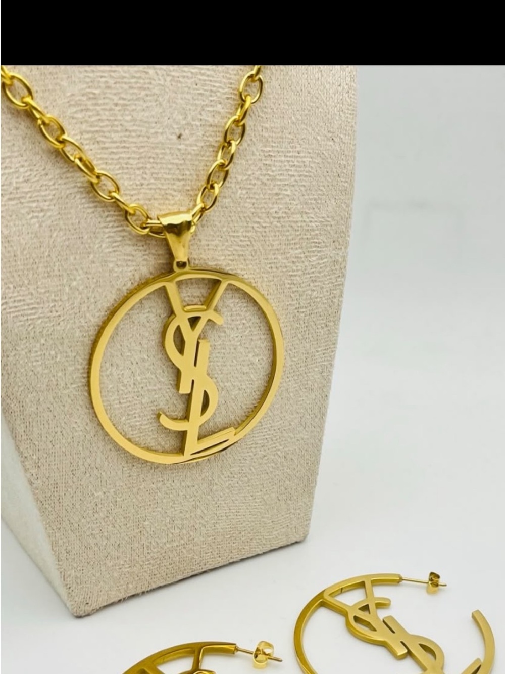 Gold Logo Circle Pendant Necklace and Earring Set